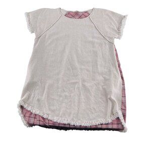 Umgee Womens Fringe dress  Hem Short Sleeve Plaid Contrast Tunic Top Beige & Pin